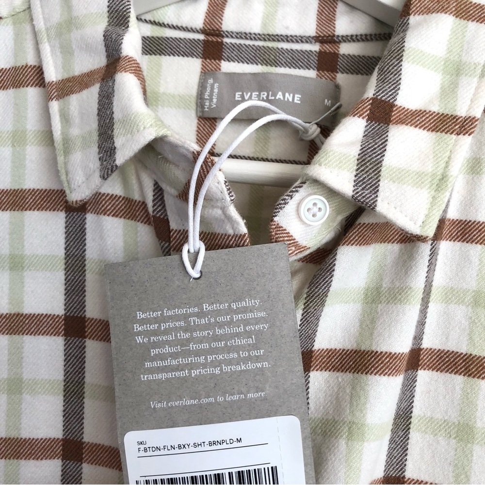 NWT Everlane The Boxy Flannel Green Brown Plaid Button Up Shirt Top Size Medium - Picture 6 of 13